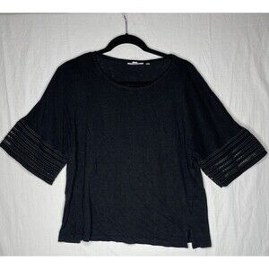 Chico’s Linen Detailed Short Sleeve Tee Size 3/XL Black Crew Neck Lace